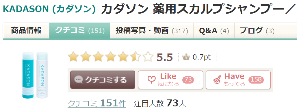 カダソンシャンプーのアットコスメでの総合評価