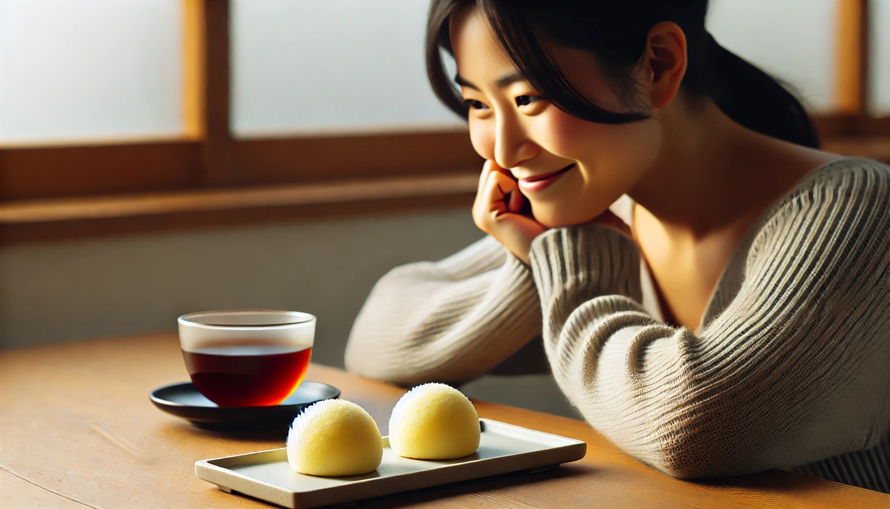 和菓子と笑顔の女性