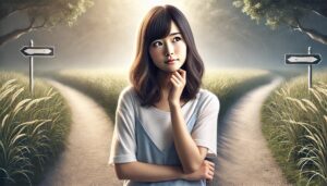 二つの選択肢に悩む女性。どちらにするか。