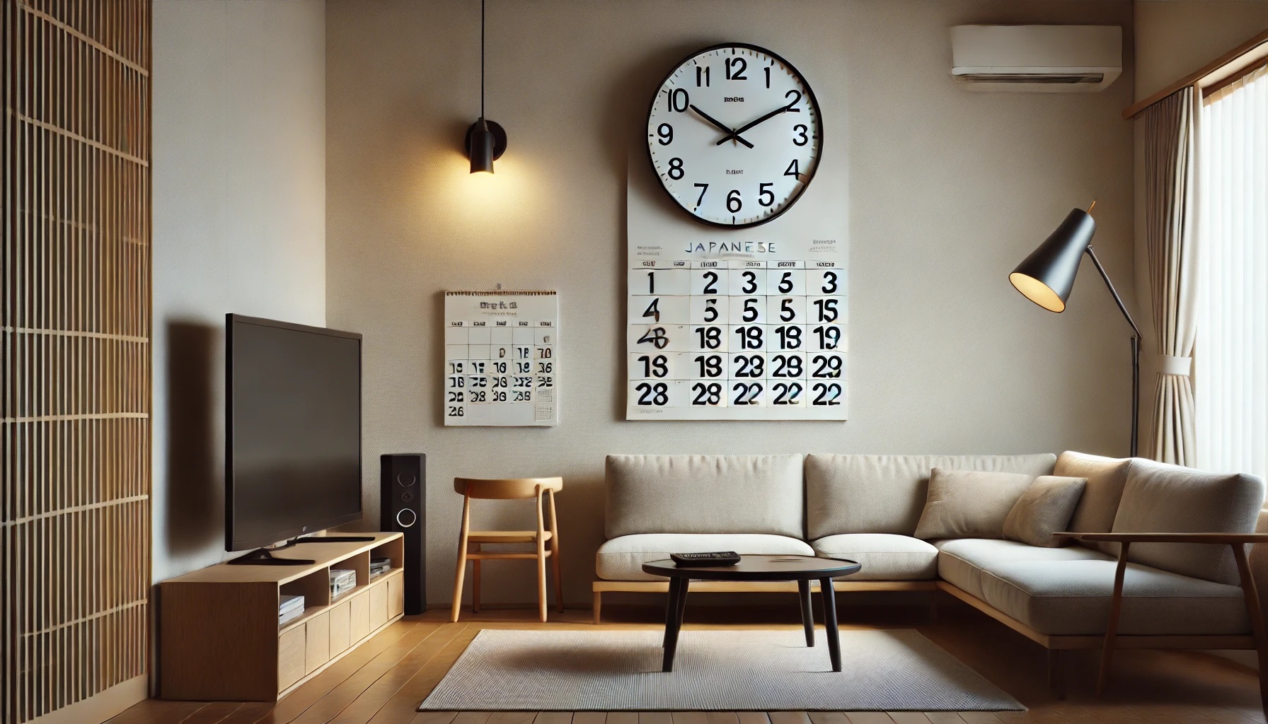 時間の経過、壁にかかった時計、カレンダー