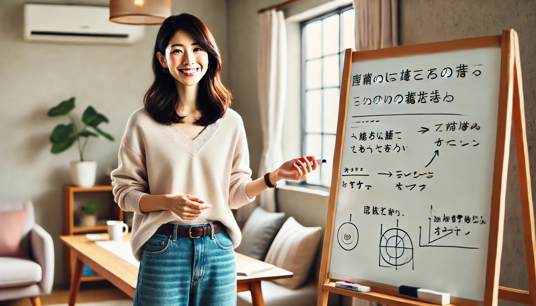 説明をする女性、ホワイトボード