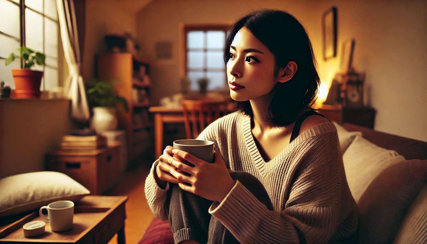 ぼんやりとした表情で考え事をする女性