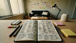 やり方、方法、手段、パターンが書かれた手帳-机の上