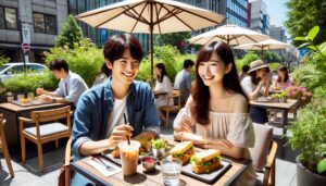 カフェのテラス席でランチするカップル