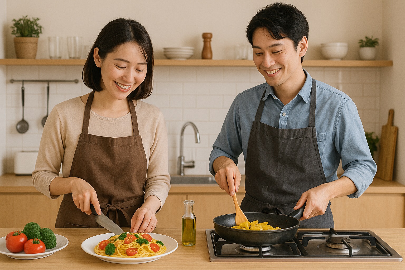 キッチンで料理をするカップル
