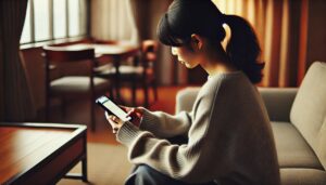 マホでメッセージやSNSをを見る女性