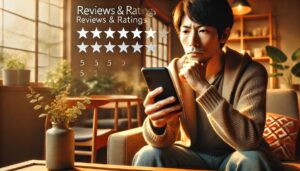 スマホで口コミサイトの評判や評価を見る男性