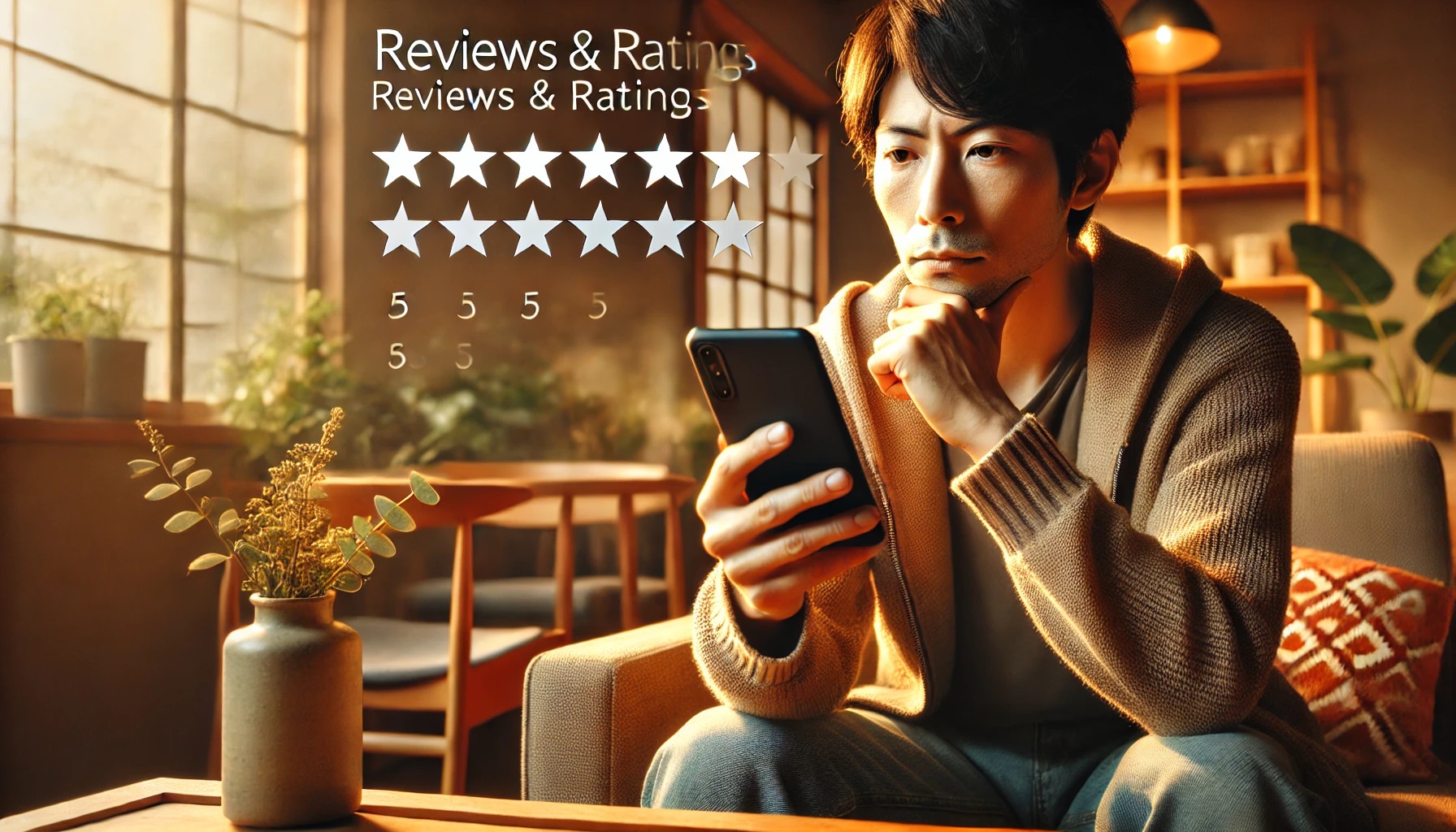 スマホで口コミサイトの評判や評価を見る男性