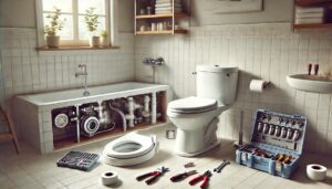 トイレのリフォーム、便器の交換、ウォシュレット取り付け、取り外し工事の様子