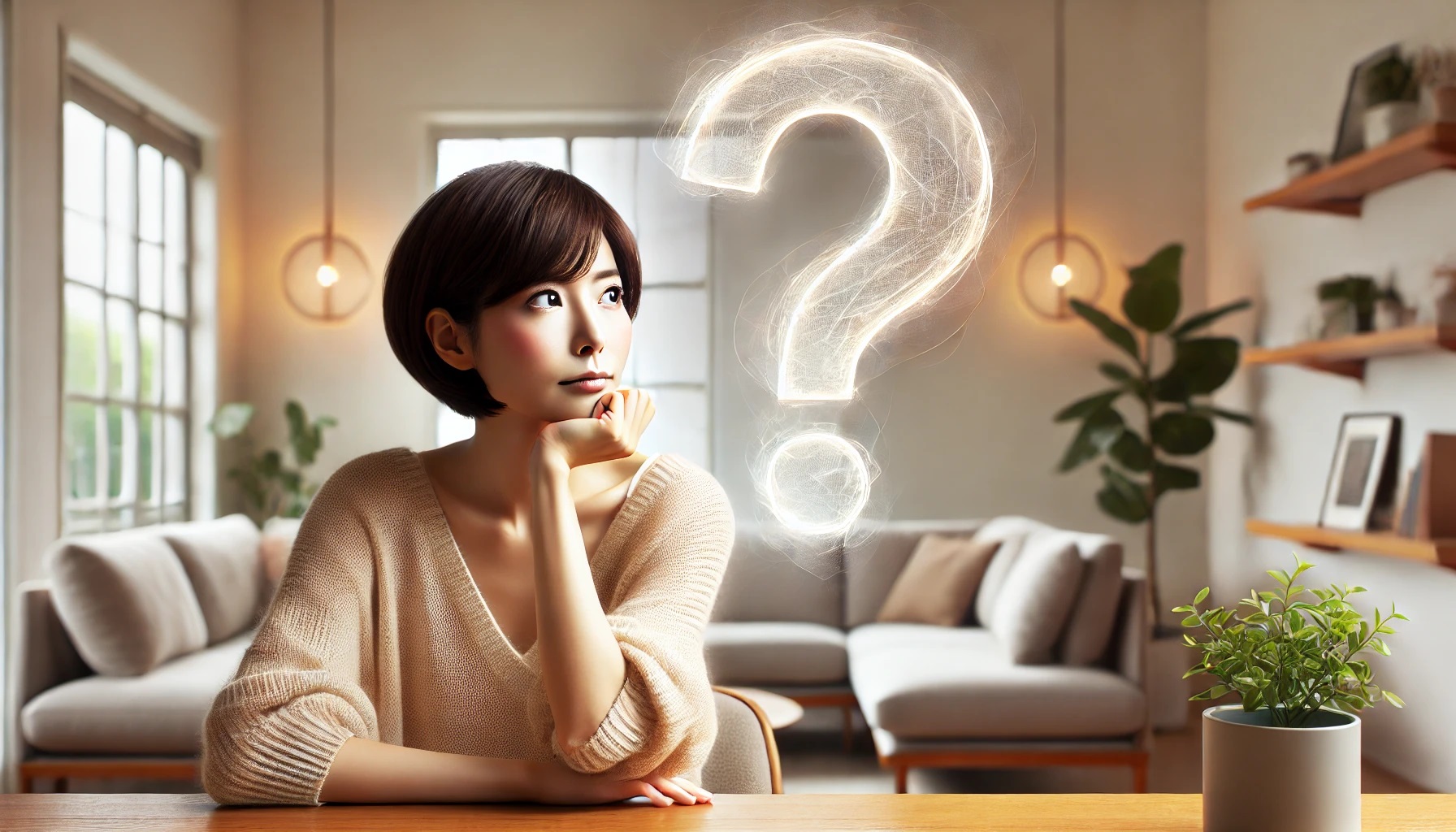 何かの疑問について、腕組みをして考えている女性