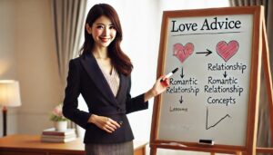 恋愛についてホワイトボードを使ってレクチャーをする女性