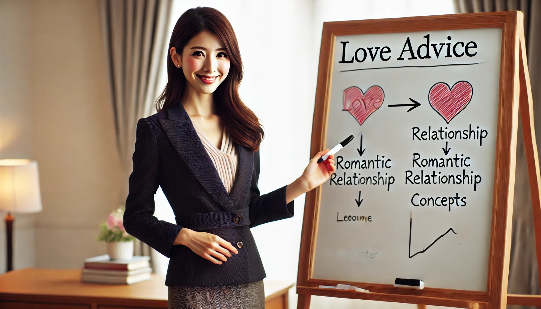 恋愛についてホワイトボードを使ってレクチャーをする女性