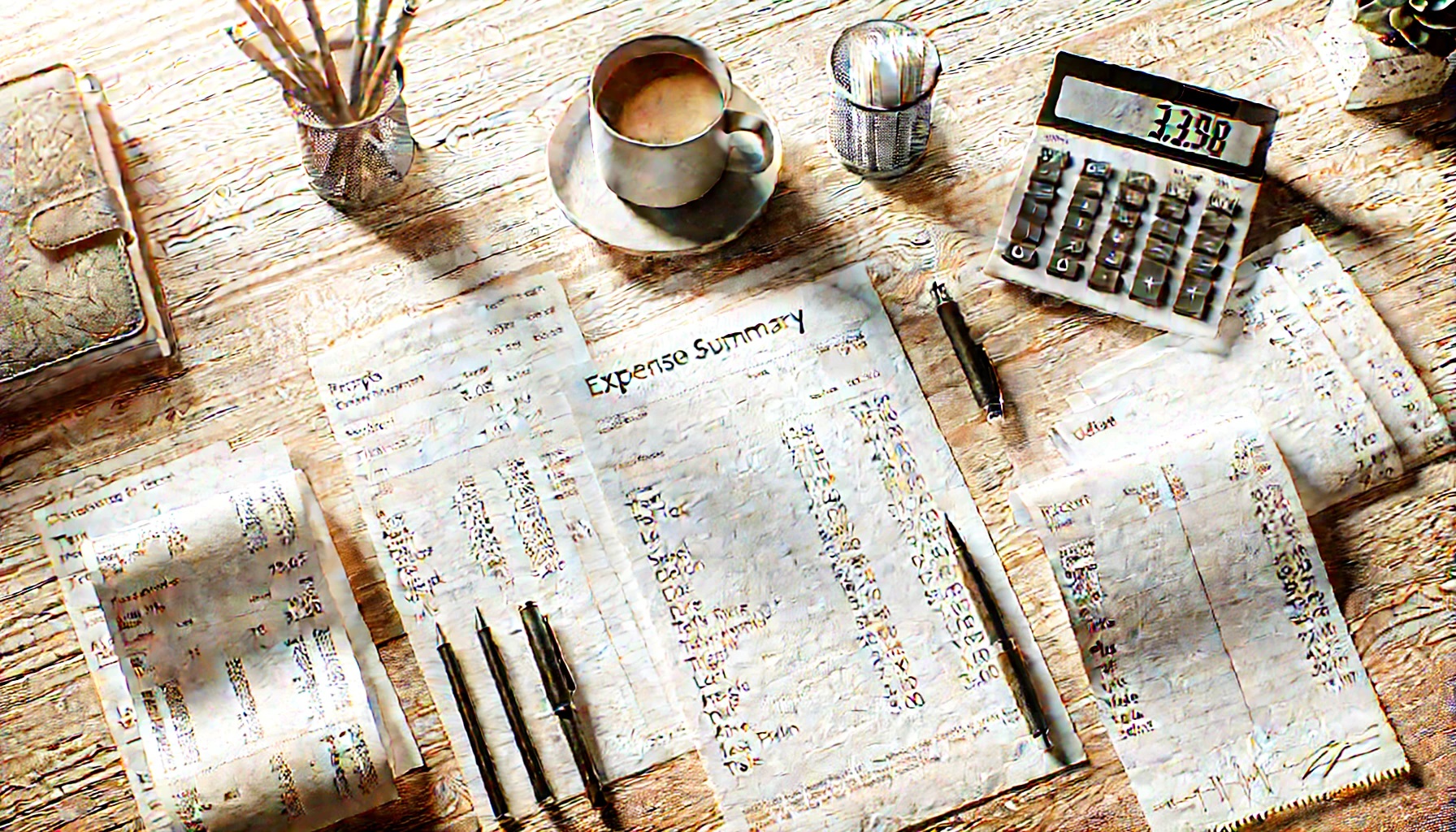 見積書や電卓、レシートが置かれた机