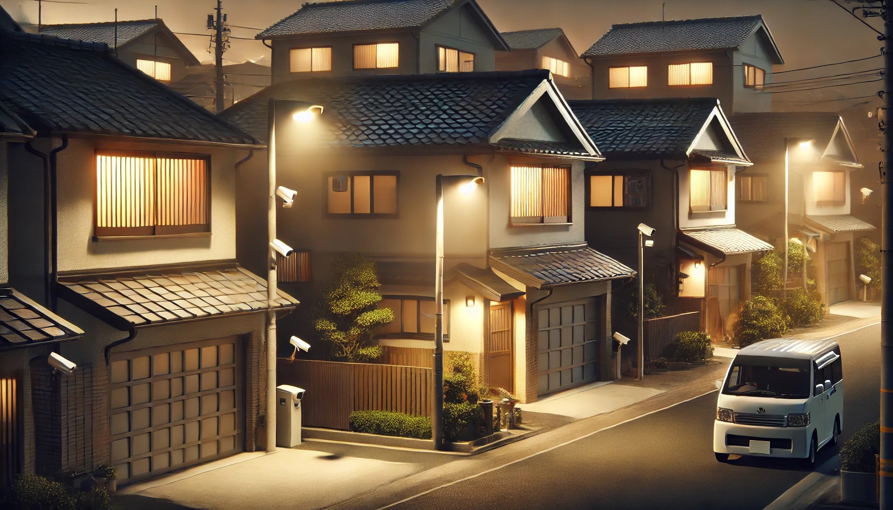 住宅街、防犯カメラを設置した戸建ての家々