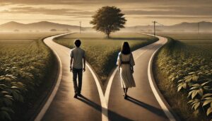 分かれ道、それぞれに分かれて歩く男女