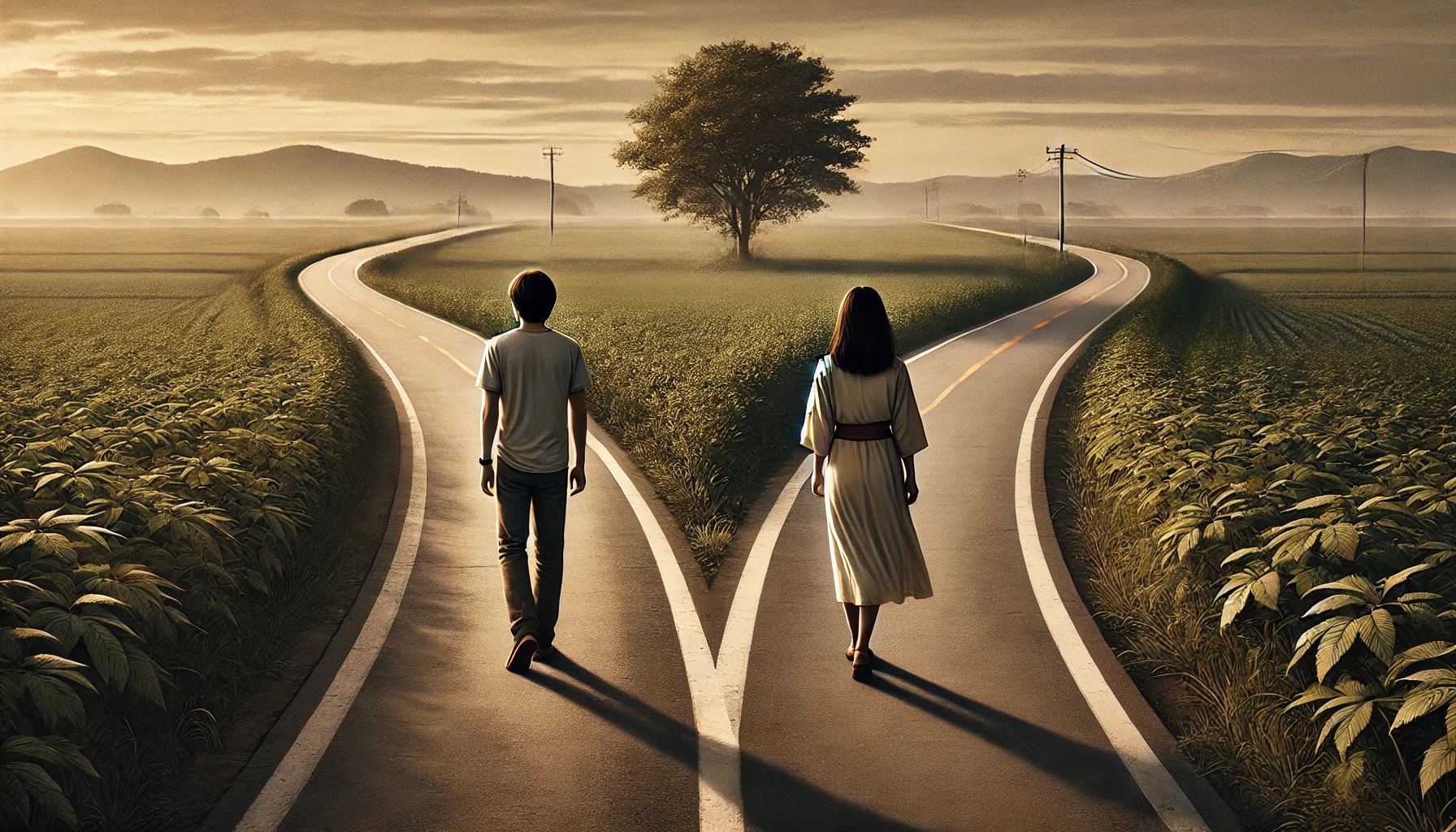 分かれ道、それぞれに分かれて歩く男女