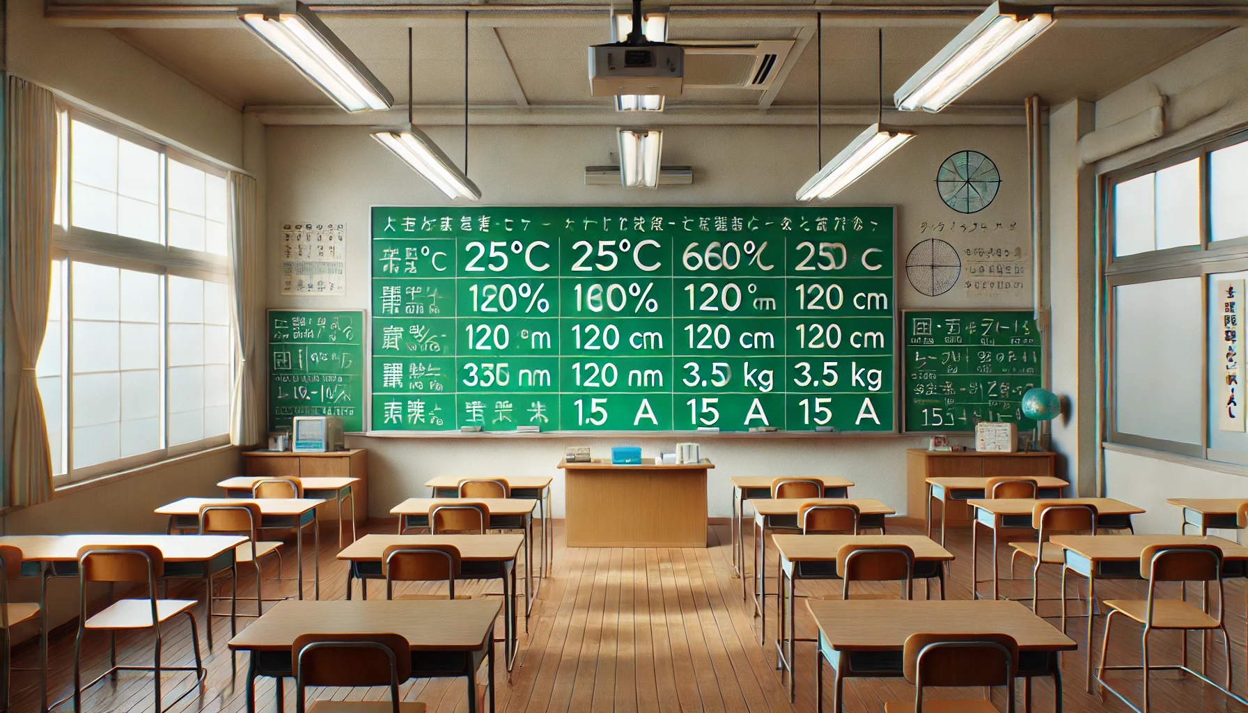 温度の例が書かれた黒板