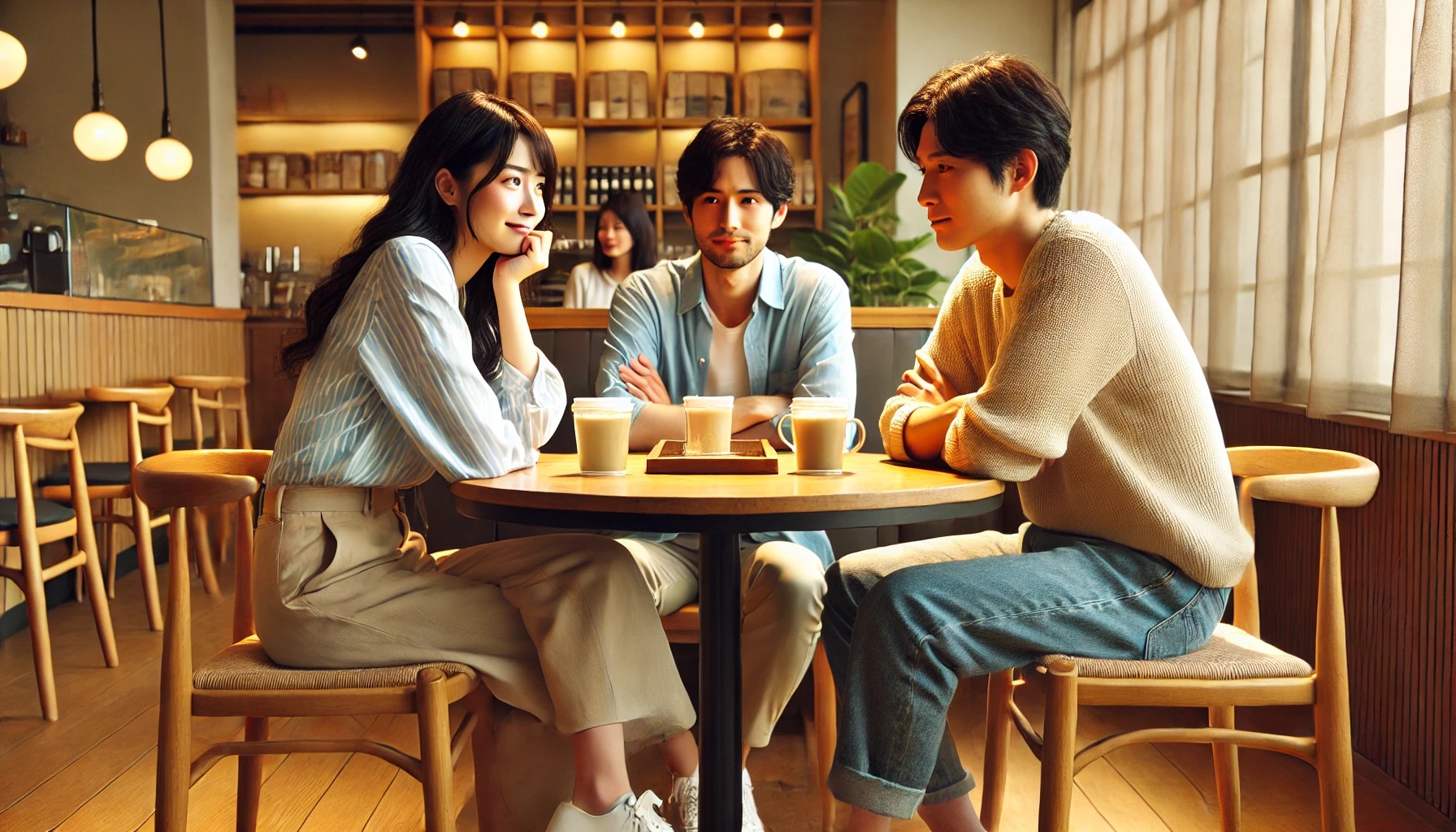 カフェで会話している女性一人と男性二人