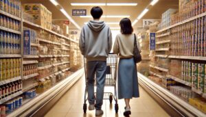 スーパーで買い物をしているカップル