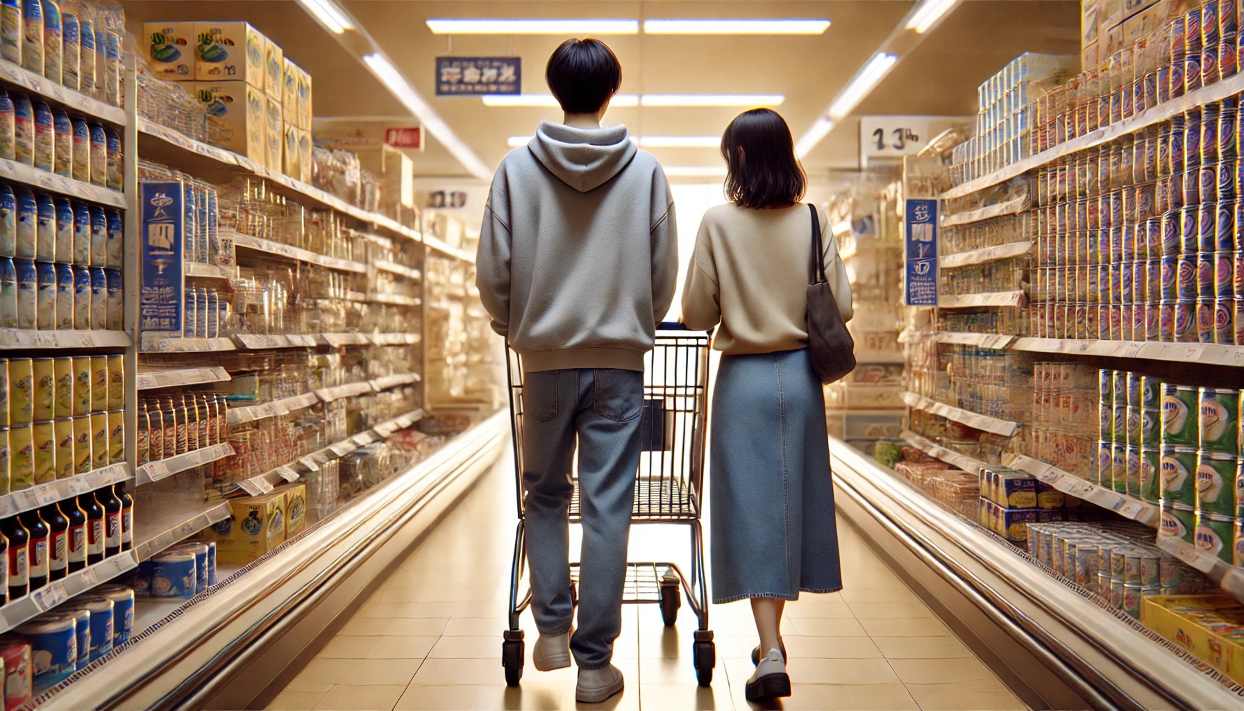 スーパーで買い物をしているカップル