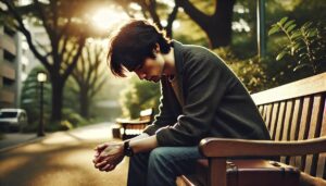 公園のベンチでうなだれている男性