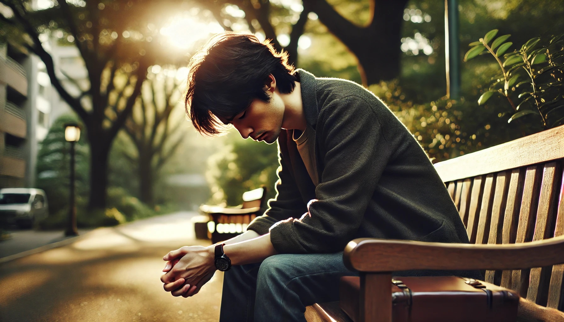 公園のベンチでうなだれている男性