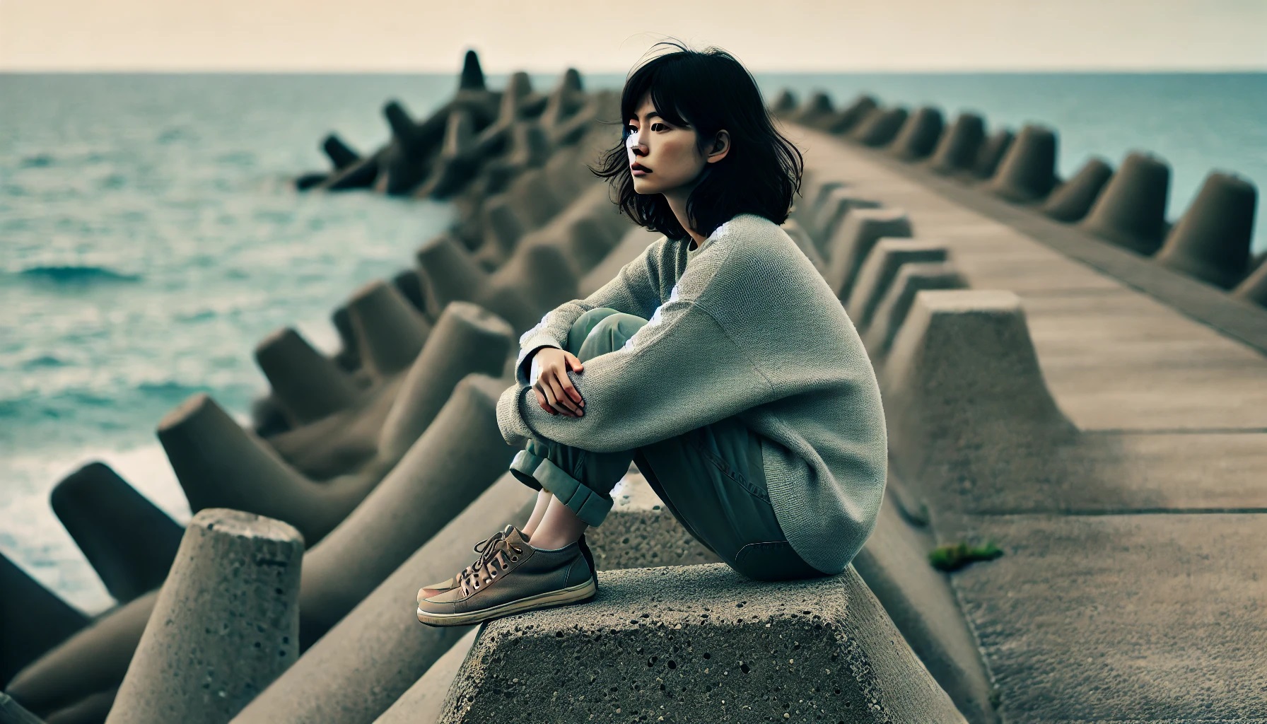 防波堤に座る女性