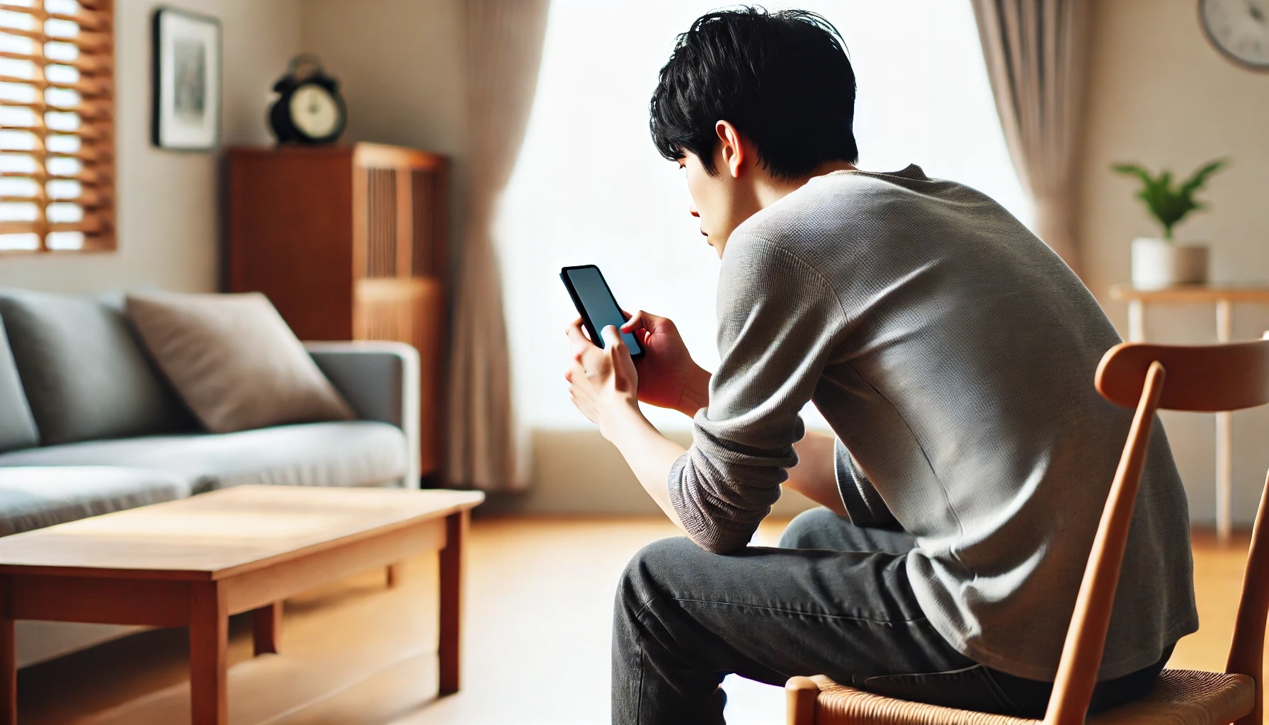 メールやLINE、SNSで連絡がきてないかスマホを見る男性