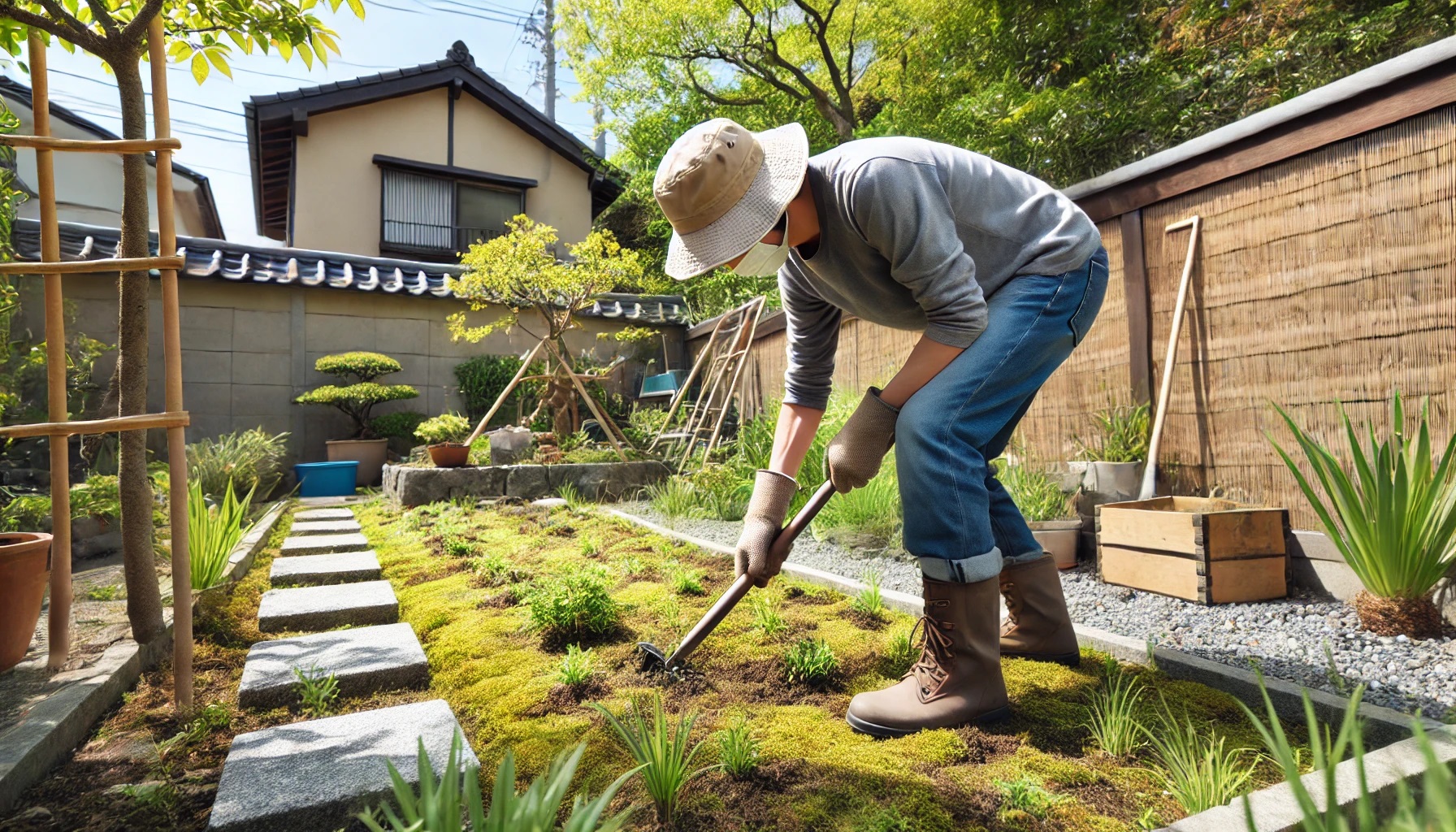 庭の雑草を手入れしている男性