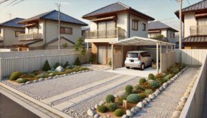 戸建ての家、砂利が敷かれた庭と、車が置かれたカーポート