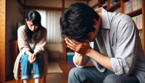 浮気がバレて謝る男性