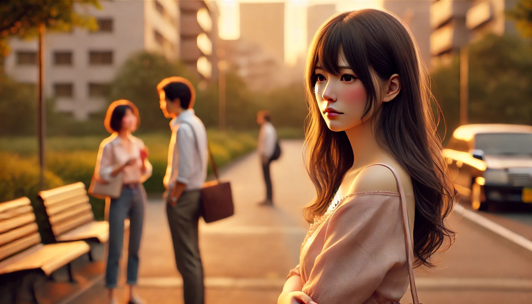 好きな男性が女性と楽しそうに話している様子を陰から見る女性