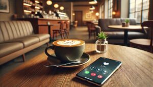 着信中のスマホとハートのラテアート