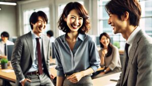 職場で談笑する笑顔の女性