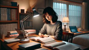 自分磨きのため、机に向かい勉強を頑張る女性