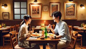 レストランで食事を楽しむカップル