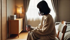 落ち込む気持ちを静め、温かい飲み物を持つ女性