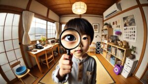 虫眼鏡で何かを見極め、見分けている男性