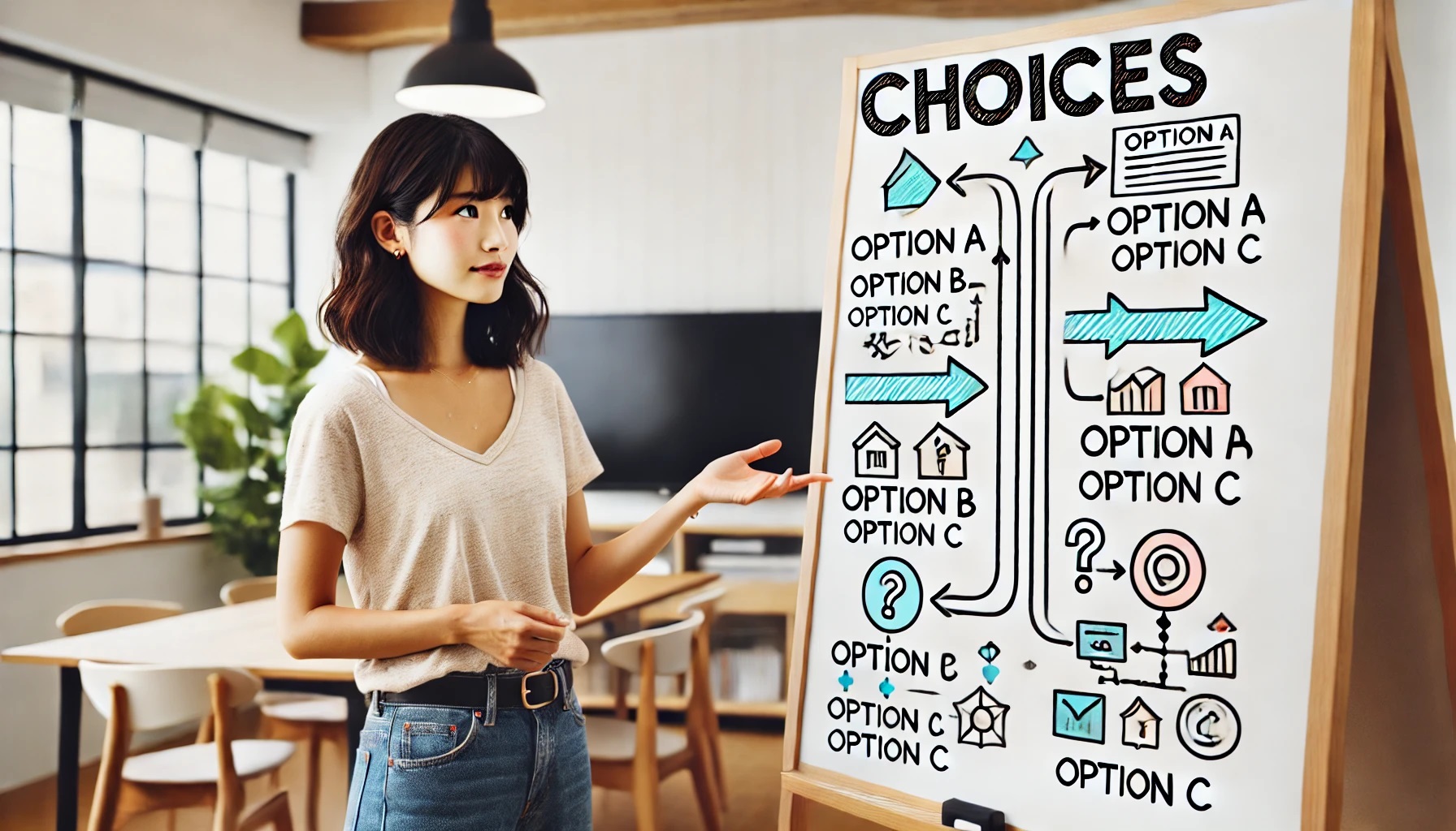 選択肢ややり方、選び方についてホワイトボードで説明する女性