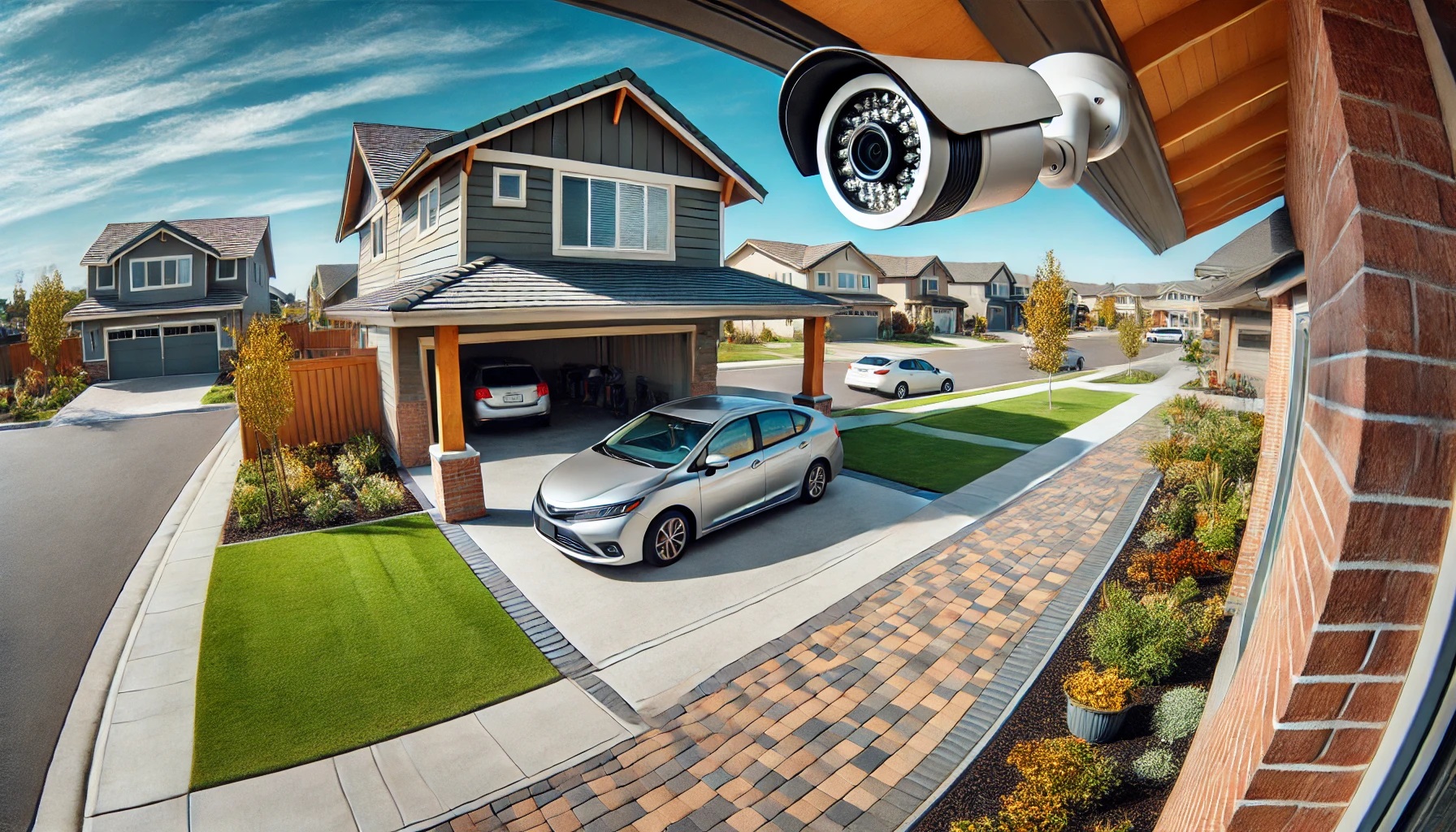 防犯カメラが設置された住宅街の戸建て、一軒家のガレージ、カーポート、駐車場、車庫
