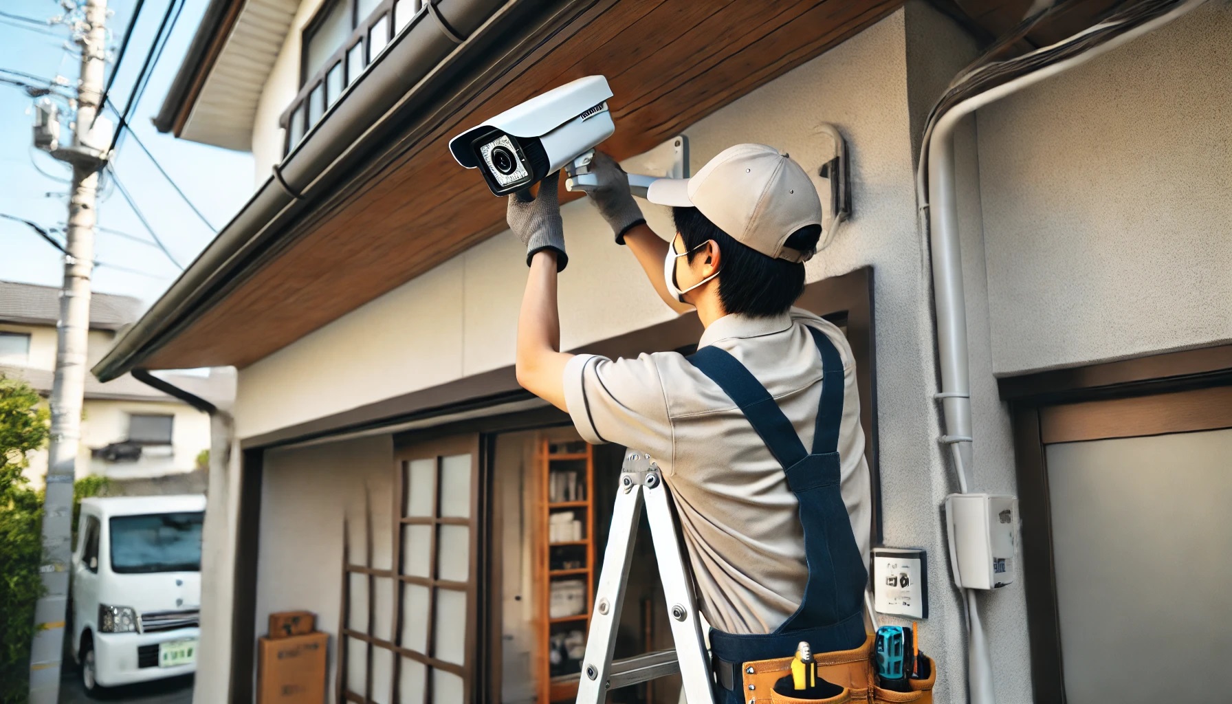 防犯カメラを家の玄関に設置するため作業する男性