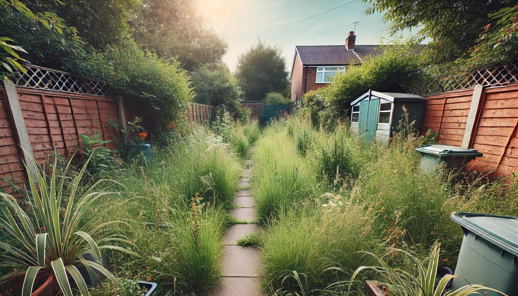 雑草が伸びて、草刈りが必要な庭