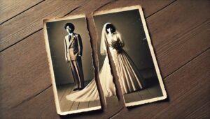 真っ二つうに破れたカップルの写真