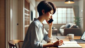 電話で問合せをする女性