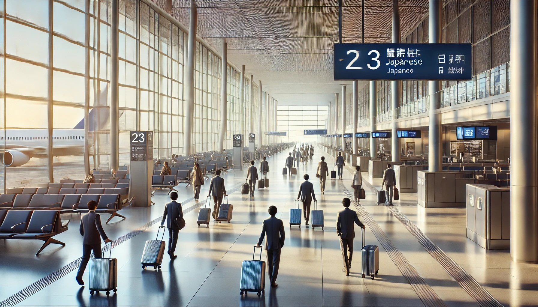 スーツケースを持って空港ロビーお歩く人々