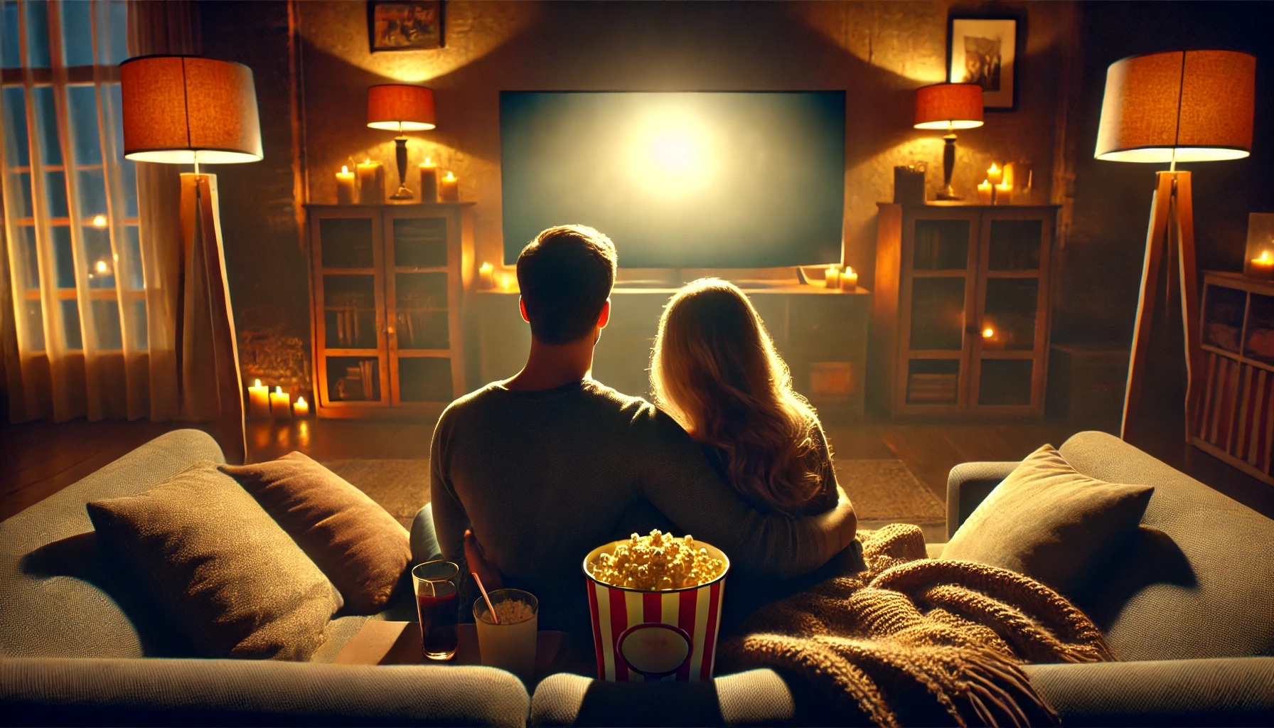 映画を自宅のテレビで見るカップル