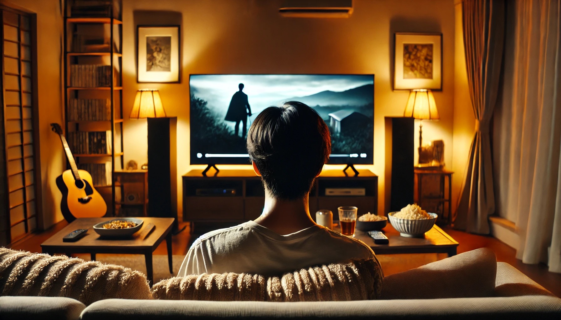 映画を部屋で見ている女性